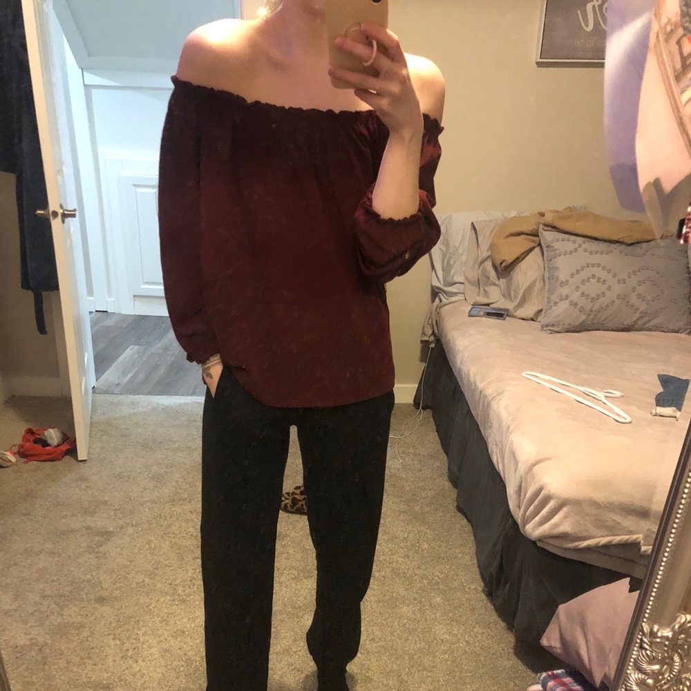 Deep red off the shoulder shirt